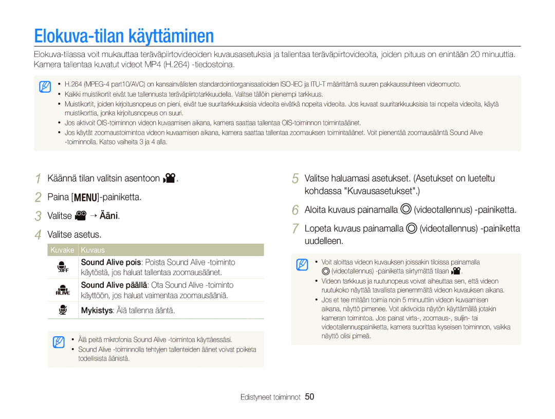 Samsung EC-WB750ZBPBE2 manual Elokuva-tilan käyttäminen, Uudelleen, Mykistys Älä tallenna ääntä, Videotallennus -painiketta 