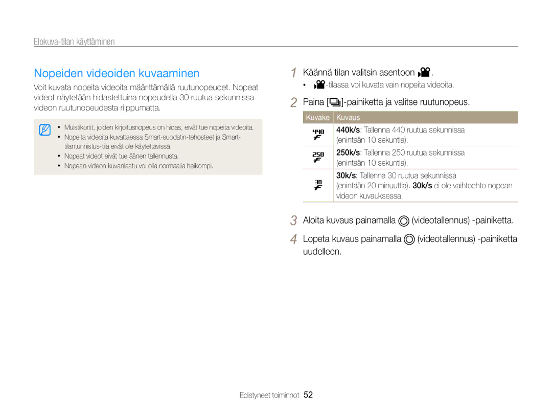 Samsung EC-WB750ZBPBE2 manual Nopeiden videoiden kuvaaminen, Käännä tilan valitsin asentoon 