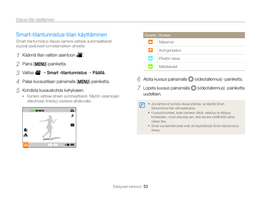 Samsung EC-WB750ZBPBE2 manual Smart-tilantunnistus-tilan käyttäminen, Maisemat Auringonlaskut Pilvetön taivas Metsäalueet 