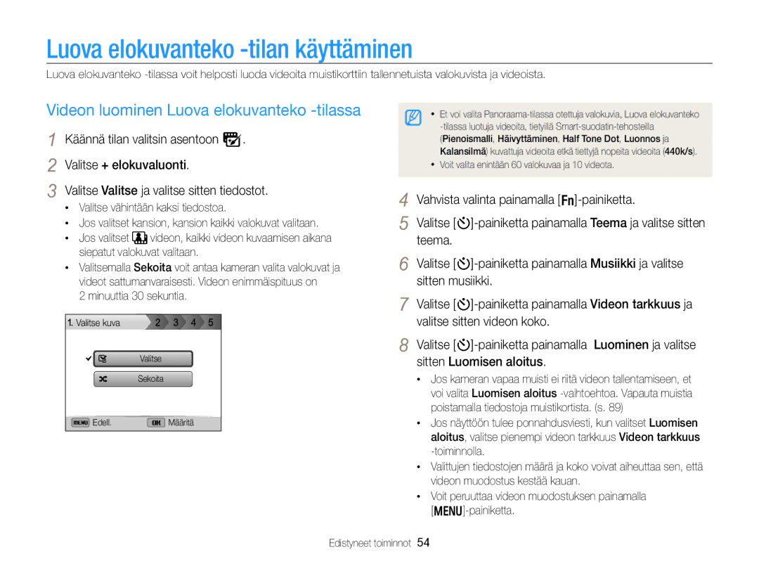 Samsung EC-WB750ZBPBE2 manual Luova elokuvanteko -tilan käyttäminen, Videon luominen Luova elokuvanteko -tilassa 