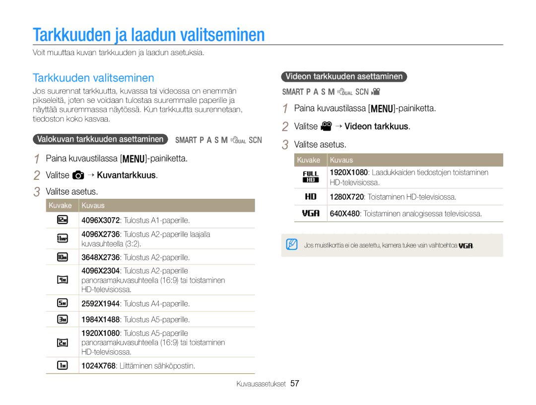 Samsung EC-WB750ZBPBE2 manual Tarkkuuden ja laadun valitseminen, Tarkkuuden valitseminen, Kuvausasetukset 