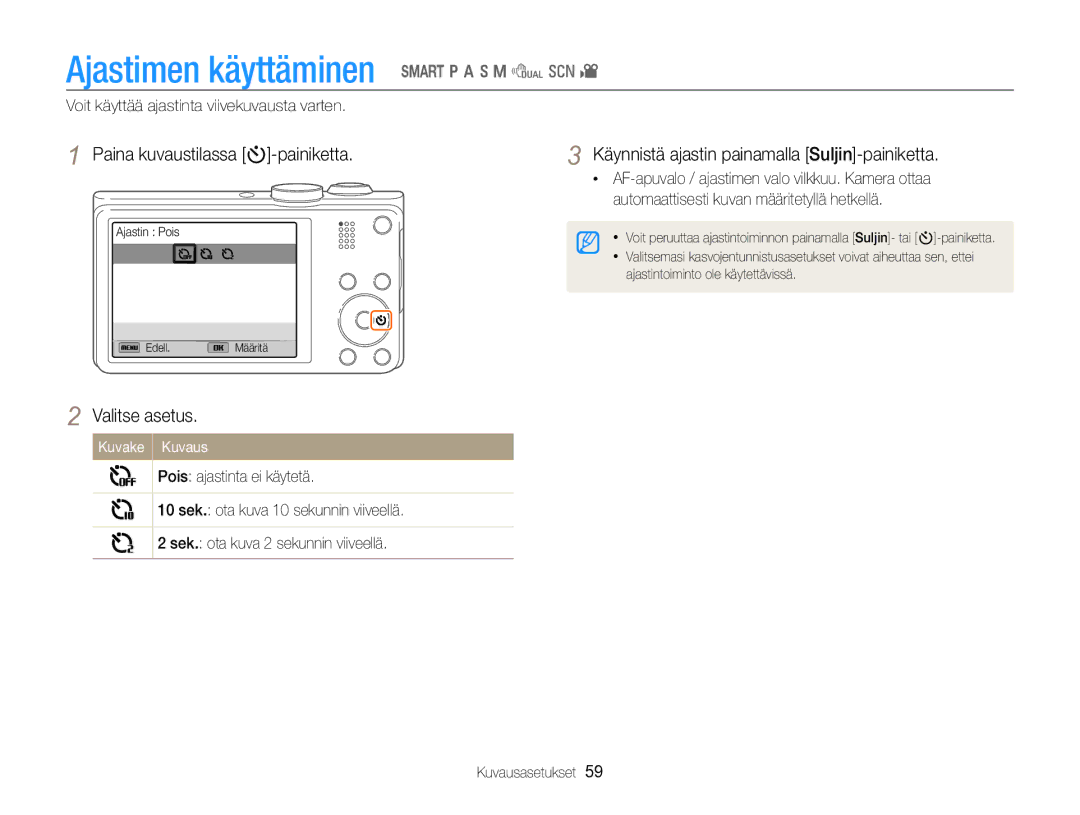 Samsung EC-WB750ZBPBE2 manual Ajastimen käyttäminen S p a h M d s, Paina kuvaustilassa t-painiketta 