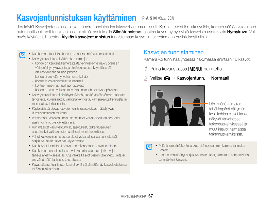 Samsung EC-WB750ZBPBE2 manual Kasvojentunnistuksen käyttäminen p a h M d s, Kasvojen tunnistaminen 