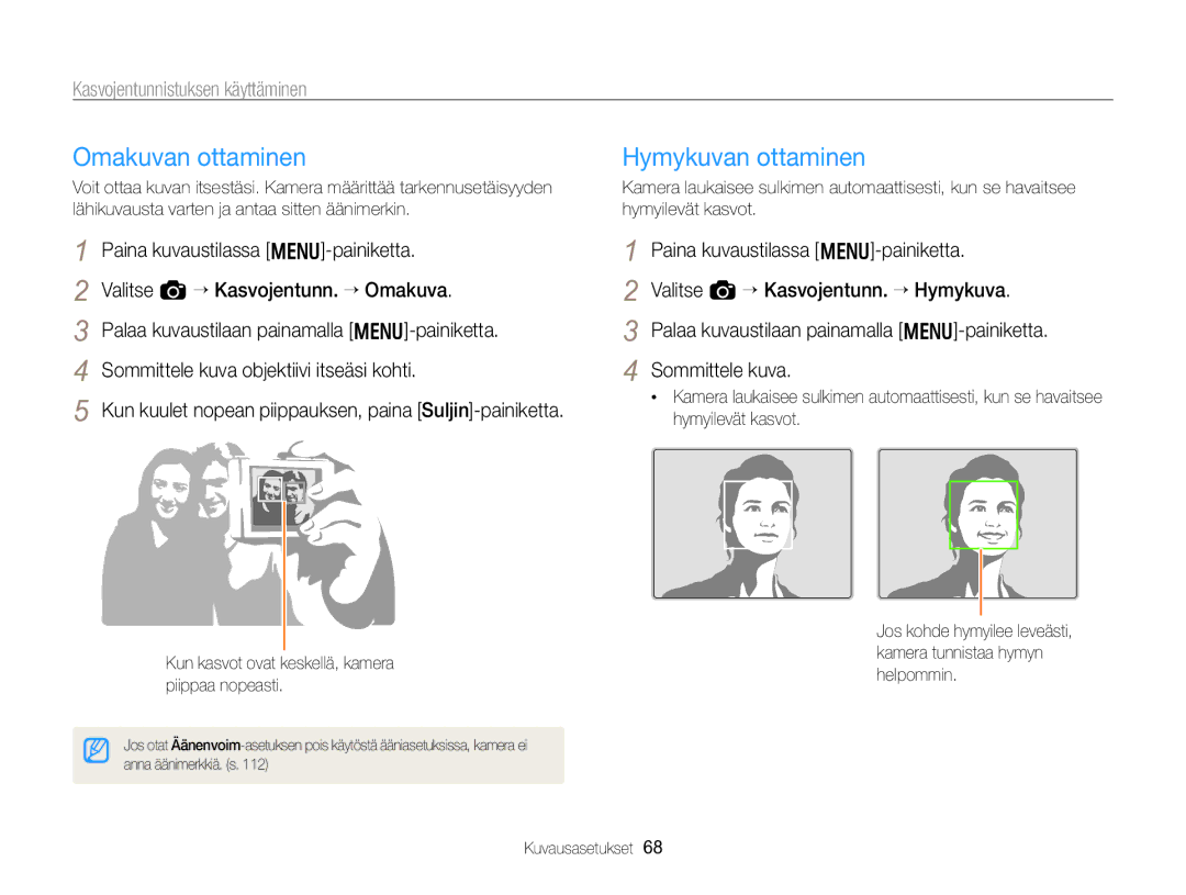 Samsung EC-WB750ZBPBE2 manual Omakuvan ottaminen, Hymykuvan ottaminen, Kasvojentunnistuksen käyttäminen 