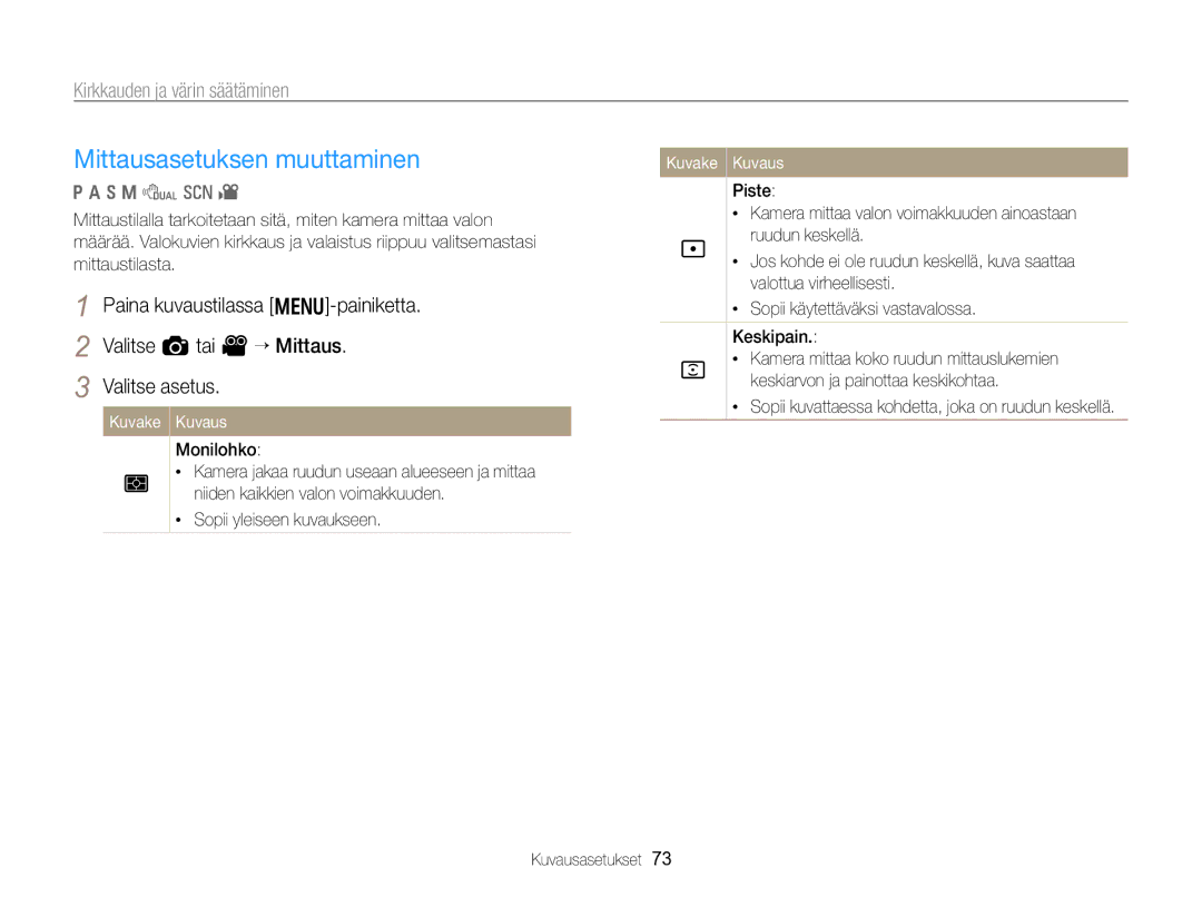 Samsung EC-WB750ZBPBE2 manual Mittausasetuksen muuttaminen, Kirkkauden ja värin säätäminen 