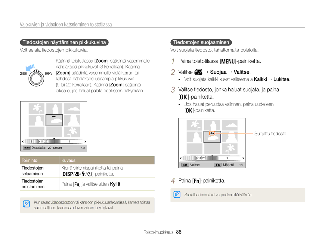 Samsung EC-WB750ZBPBE2 manual Tiedostojen näyttäminen pikkukuvina, Tiedostojen suojaaminen, Toiminto Kuvaus 