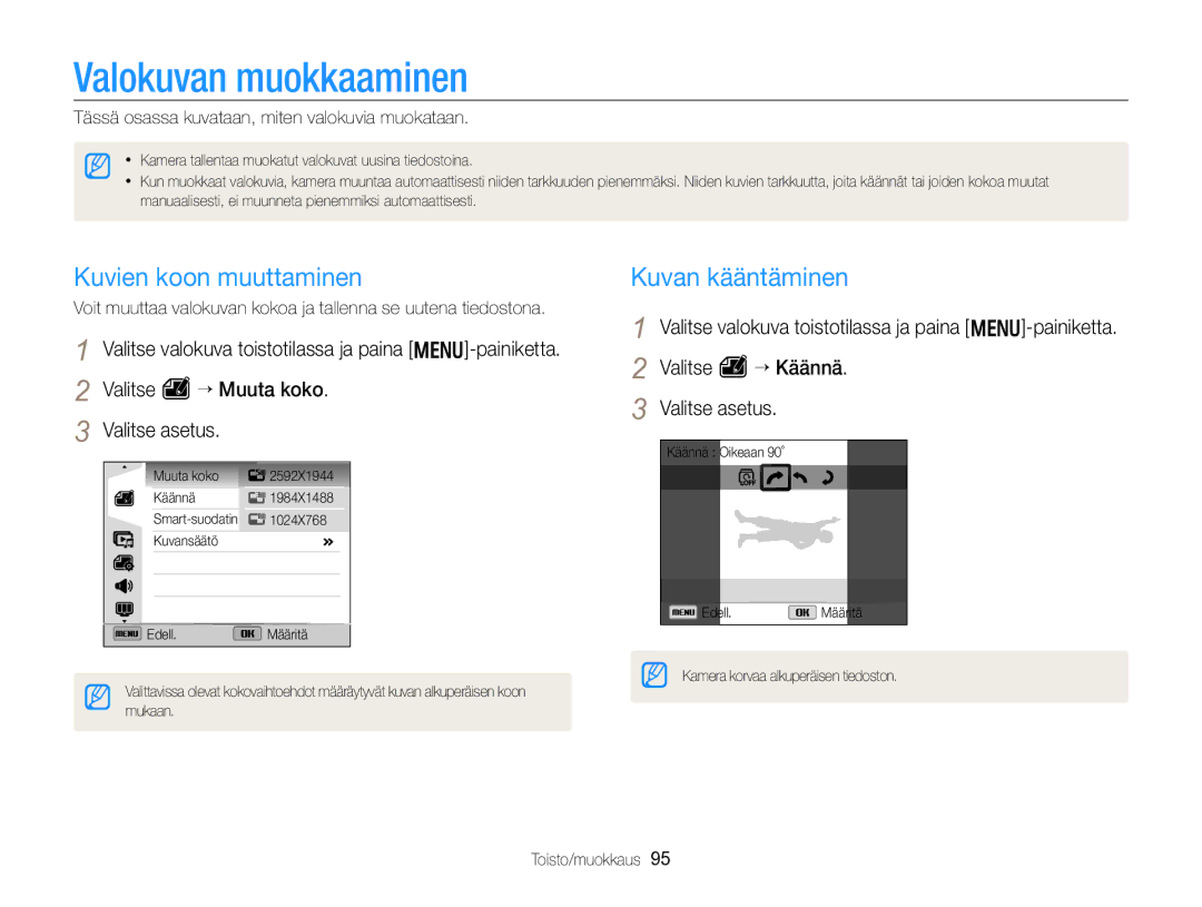 Samsung EC-WB750ZBPBE2 manual Valokuvan muokkaaminen, Kuvien koon muuttaminen, Kuvan kääntäminen 