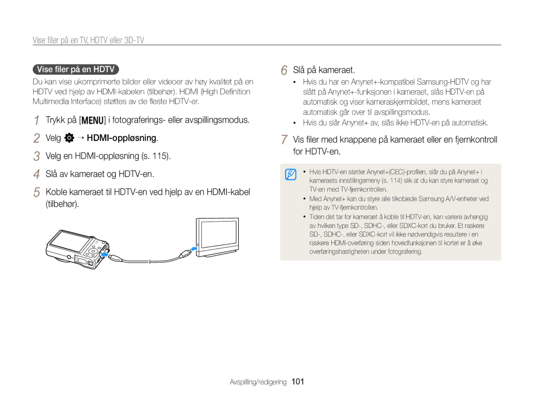 Samsung EC-WB750ZBPBE2 manual Vise ﬁler på en TV, Hdtv eller 3D-TV, Vise ﬁler på en Hdtv 