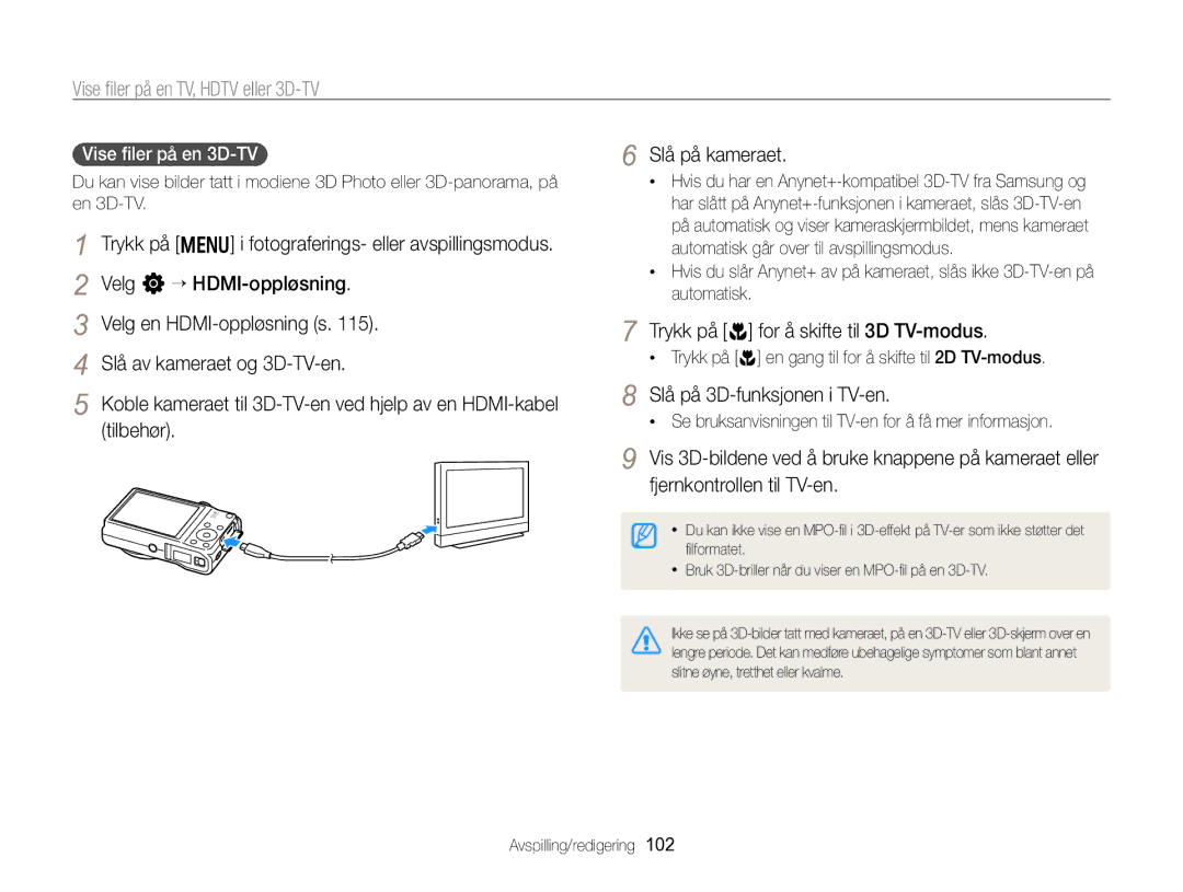 Samsung EC-WB750ZBPBE2 manual Trykk på c for å skifte til 3D TV-modus, Slå på 3D-funksjonen i TV-en, Vise ﬁler på en 3D-TV 