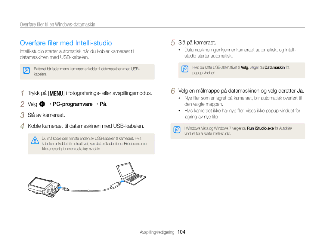 Samsung EC-WB750ZBPBE2 manual Overføre ﬁler med Intelli-studio, Overføre ﬁler til en Windows-datamaskin 