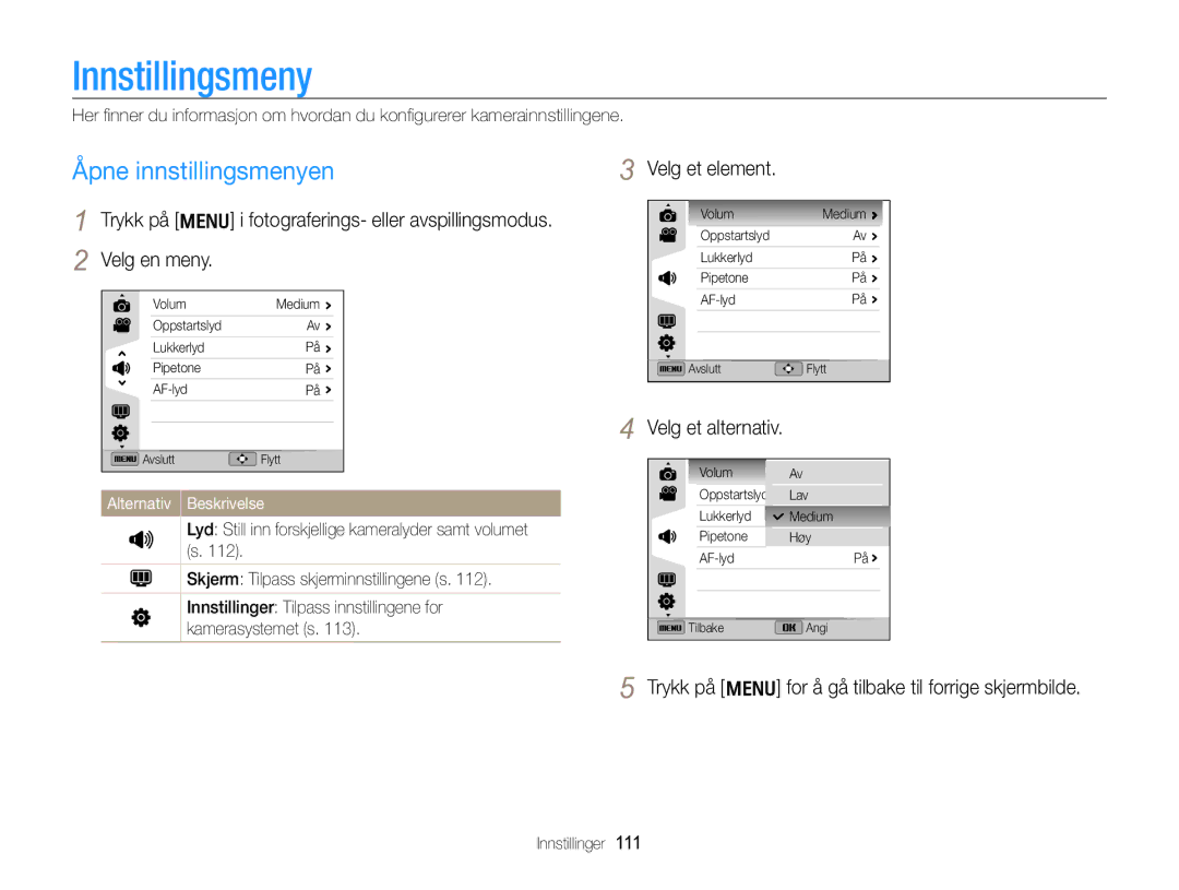 Samsung EC-WB750ZBPBE2 Innstillingsmeny, Åpne innstillingsmenyen, Trykk på m i fotograferings- eller avspillingsmodus 