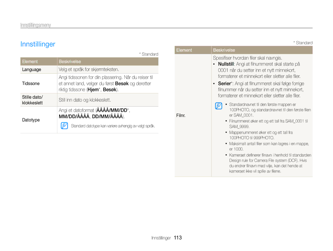 Samsung EC-WB750ZBPBE2 manual Innstillinger, Element 