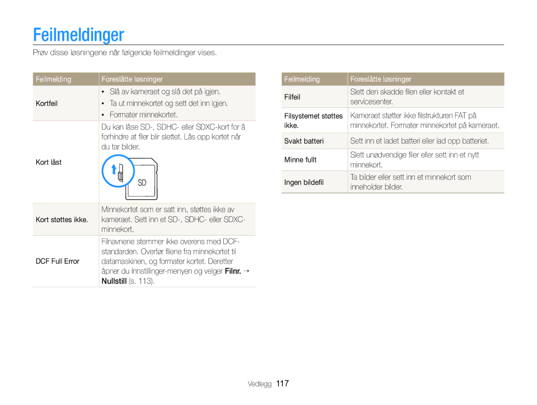 Samsung EC-WB750ZBPBE2 manual Feilmeldinger, Feilmelding Foreslåtte løsninger 