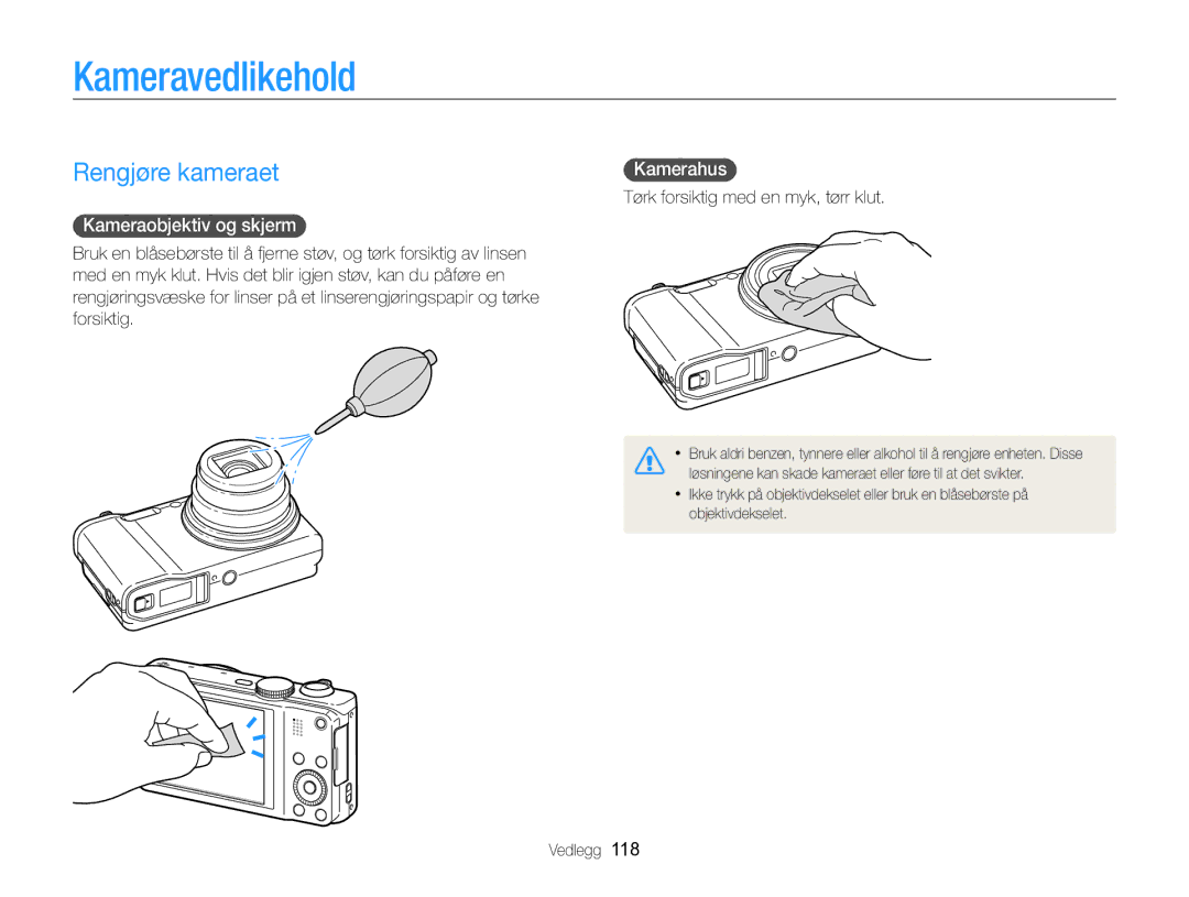 Samsung EC-WB750ZBPBE2 manual Kameravedlikehold, Rengjøre kameraet, Kameraobjektiv og skjerm, Kamerahus 