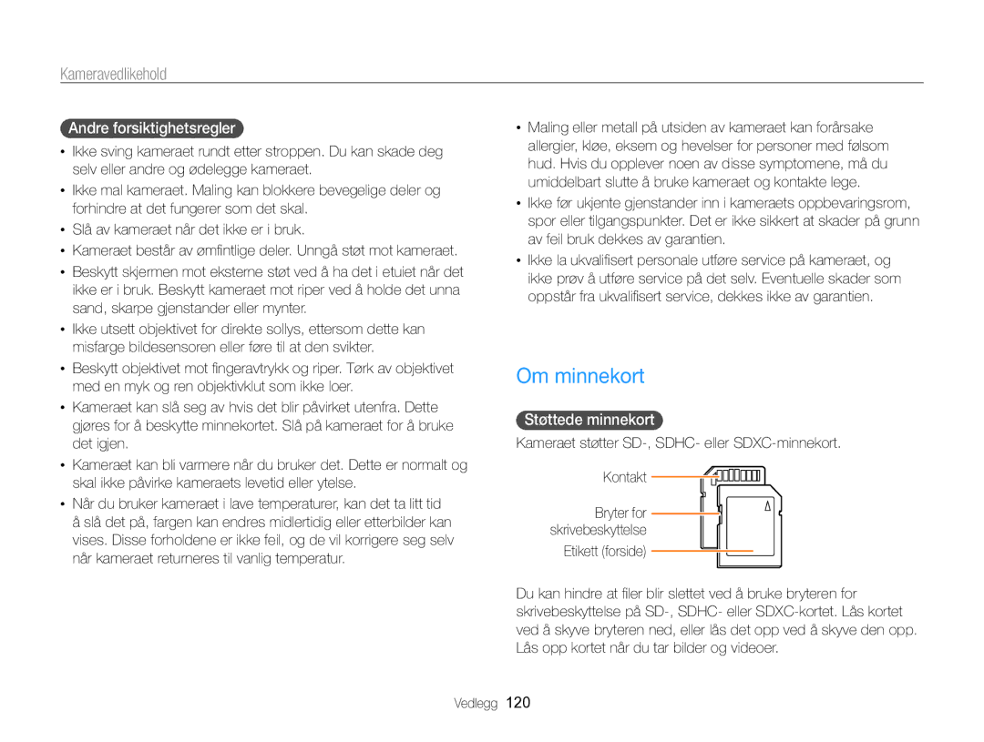 Samsung EC-WB750ZBPBE2 manual Om minnekort, Andre forsiktighetsregler, Støttede minnekort 