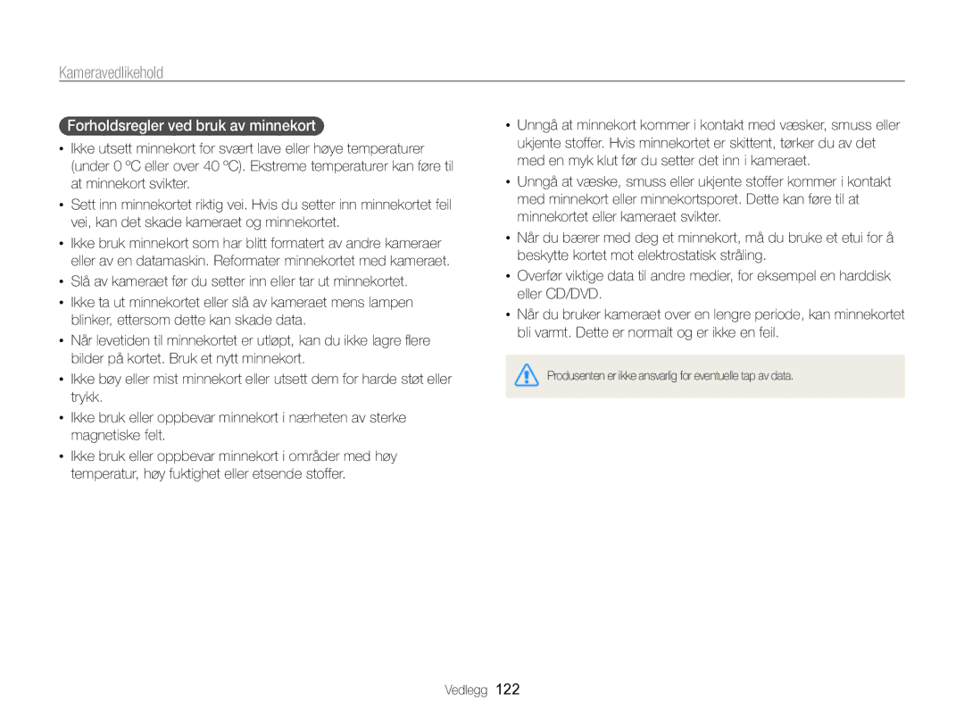 Samsung EC-WB750ZBPBE2 manual Forholdsregler ved bruk av minnekort 