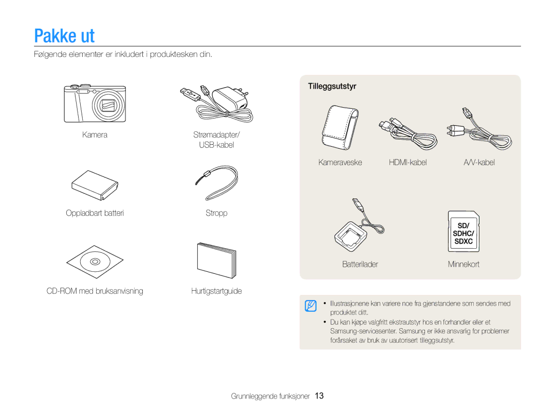 Samsung EC-WB750ZBPBE2 manual Pakke ut, Kameraveske HDMI-kabel, Oppladbart batteri, Grunnleggende funksjoner 