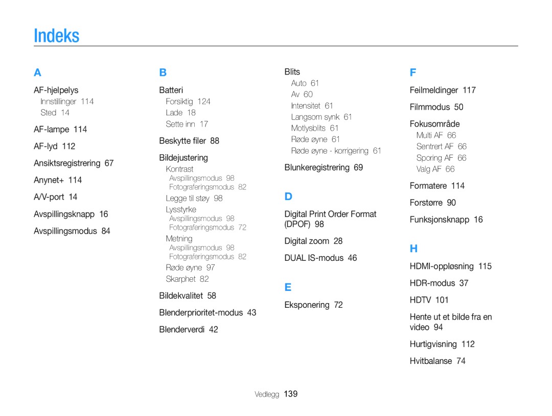 Samsung EC-WB750ZBPBE2 manual Indeks 