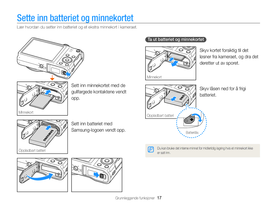 Samsung EC-WB750ZBPBE2 manual Sette inn batteriet og minnekortet, Skyv låsen ned for å frigi batteriet 