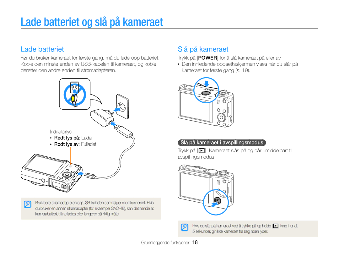 Samsung EC-WB750ZBPBE2 Lade batteriet og slå på kameraet, Slå på kameraet i avspillingsmodus, Rødt lys av Fulladet 