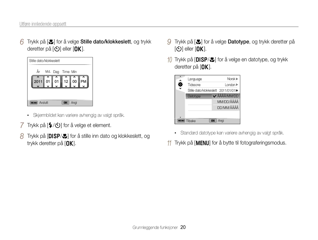 Samsung EC-WB750ZBPBE2 manual Utføre innledende oppsett, Trykk på m for å bytte til fotograferingsmodus 