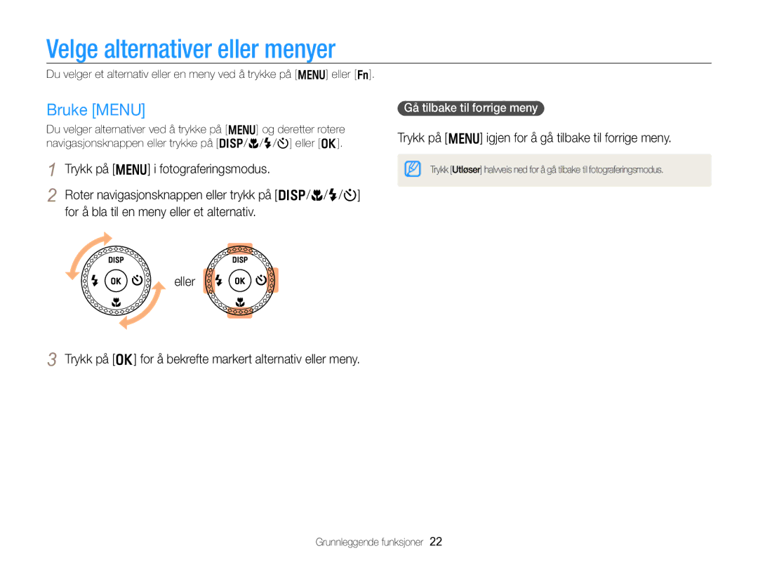 Samsung EC-WB750ZBPBE2 Velge alternativer eller menyer, Bruke Menu, Trykk på m igjen for å gå tilbake til forrige meny 