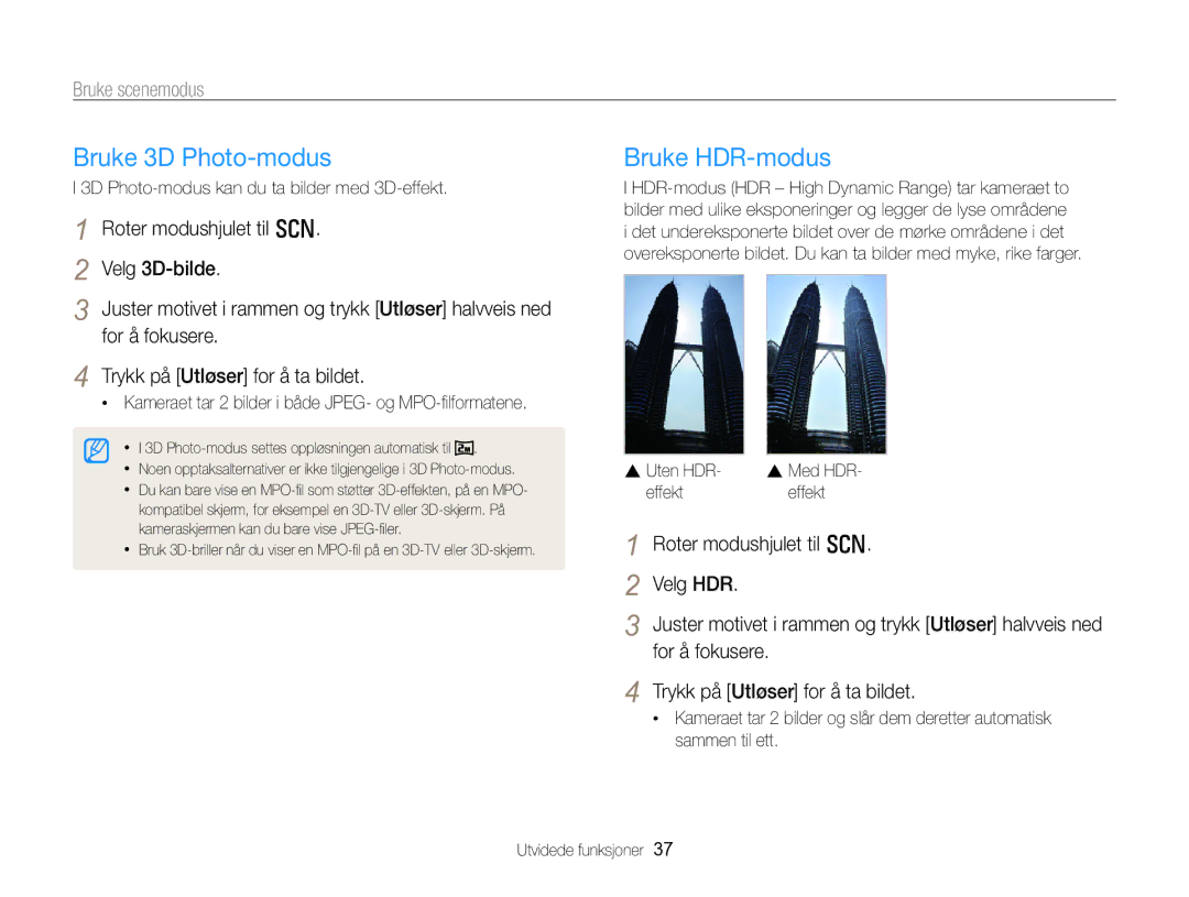 Samsung EC-WB750ZBPBE2 manual Bruke 3D Photo-modus, Bruke HDR-modus, Bruke scenemodus 