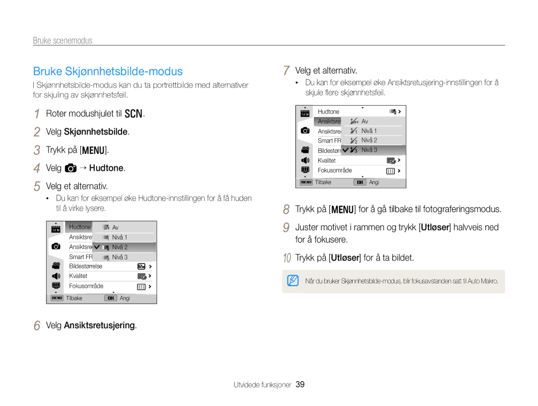 Samsung EC-WB750ZBPBE2 manual Bruke Skjønnhetsbilde-modus, Velg Ansiktsretusjering Velg et alternativ 