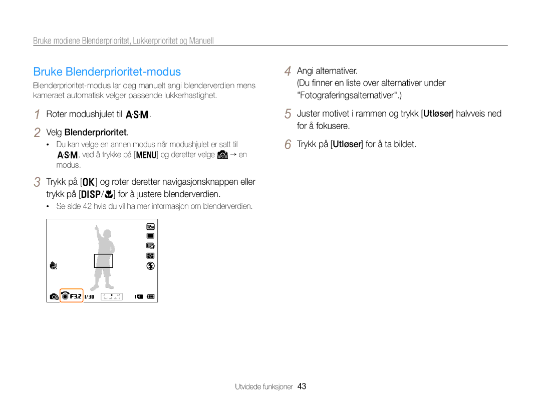 Samsung EC-WB750ZBPBE2 manual Bruke Blenderprioritet-modus, Bruke modiene Blenderprioritet, Lukkerprioritet og Manuell 