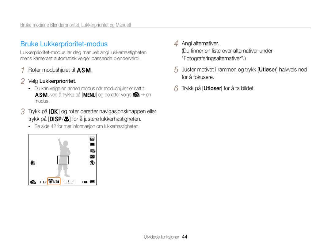 Samsung EC-WB750ZBPBE2 manual Bruke Lukkerprioritet-modus, Roter modushjulet til G Velg Lukkerprioritet 