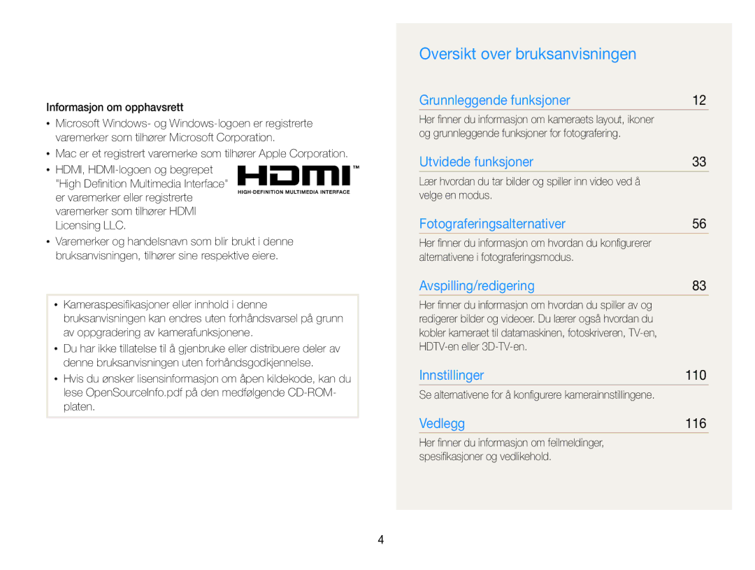 Samsung EC-WB750ZBPBE2 manual Oversikt over bruksanvisningen, 110, 116 