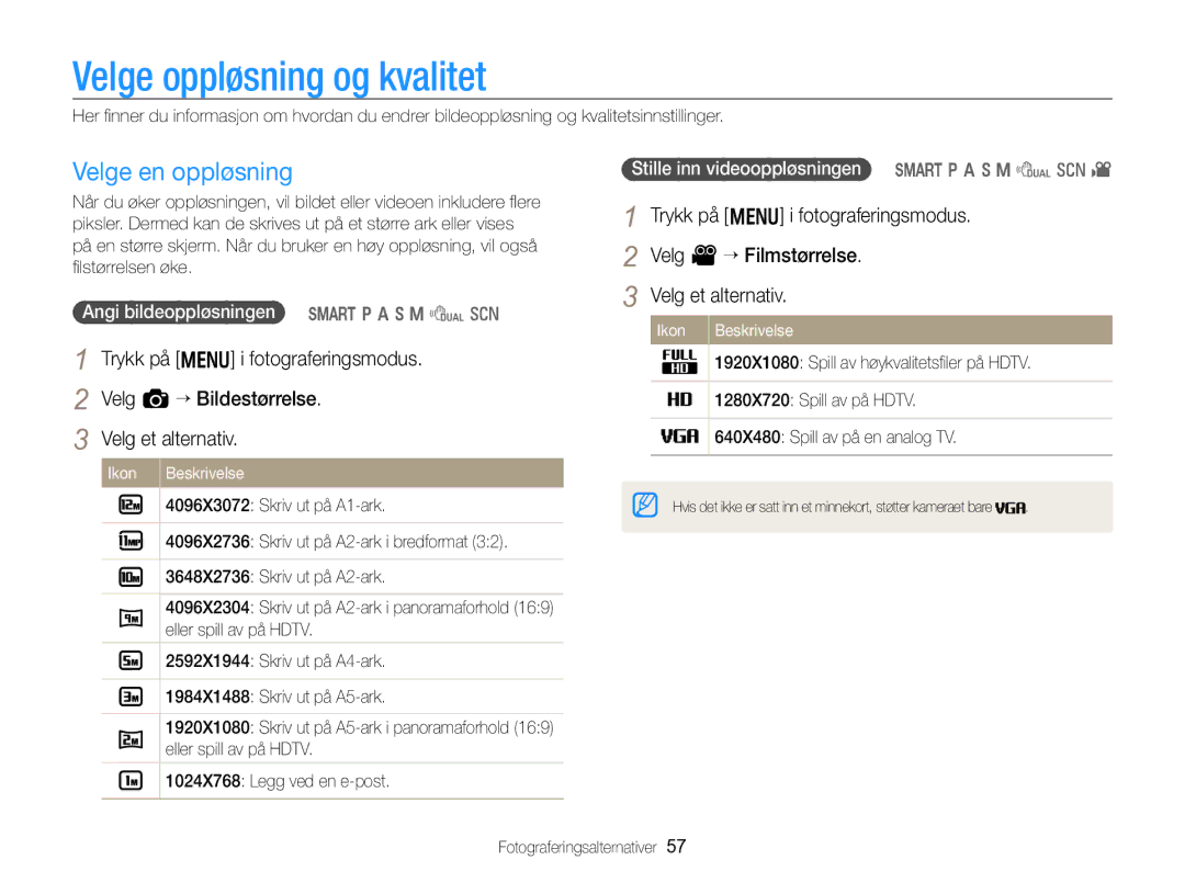 Samsung EC-WB750ZBPBE2 manual Velge oppløsning og kvalitet, Velge en oppløsning, Angi bildeoppløsningen S p a h M d s 