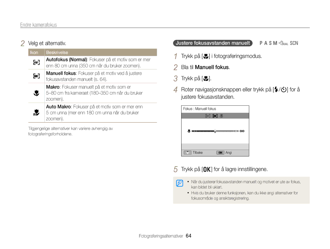 Samsung EC-WB750ZBPBE2 manual Endre kamerafokus, Bla til Manuell fokus Trykk på c, Justere fokusavstanden 