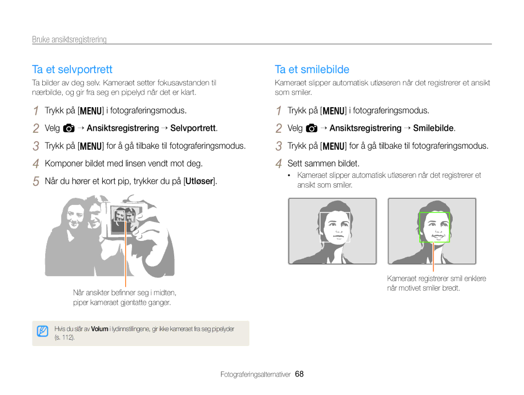 Samsung EC-WB750ZBPBE2 manual Ta et selvportrett, Ta et smilebilde, Bruke ansiktsregistrering 
