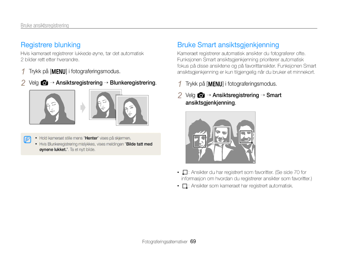 Samsung EC-WB750ZBPBE2 manual Registrere blunking, Bruke Smart ansiktsgjenkjenning 