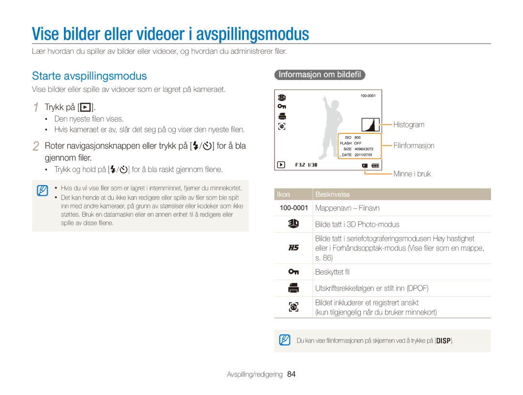 Samsung EC-WB750ZBPBE2 manual Vise bilder eller videoer i avspillingsmodus, Starte avspillingsmodus, Trykk på P, Histogram 