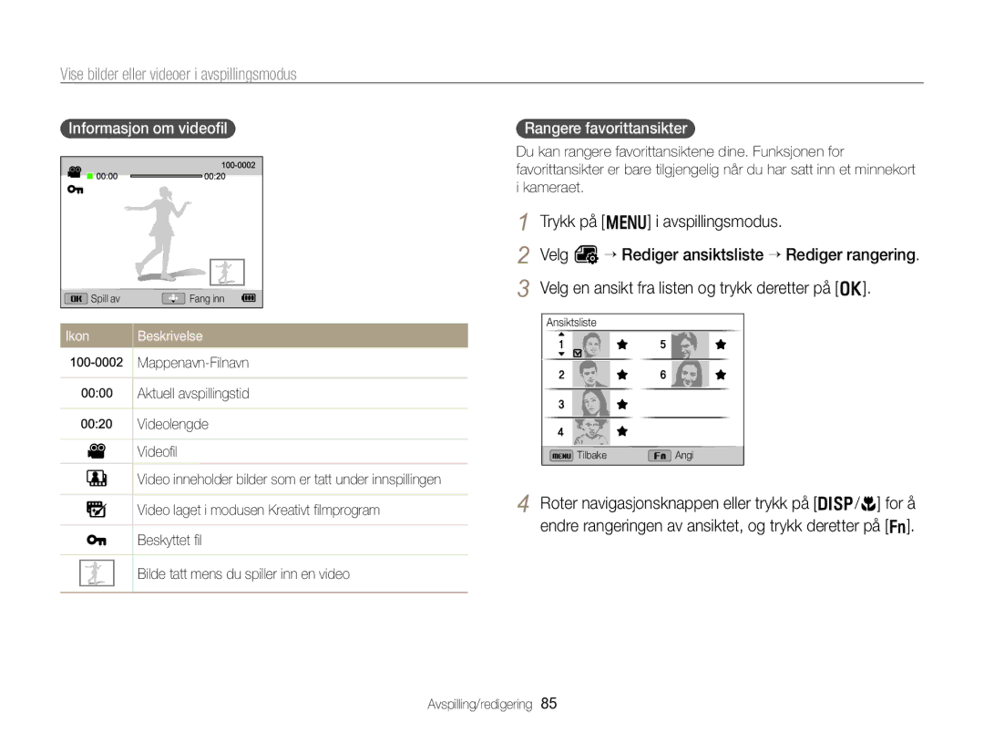 Samsung EC-WB750ZBPBE2 Vise bilder eller videoer i avspillingsmodus, Informasjon om videoﬁl, Rangere favorittansikter 