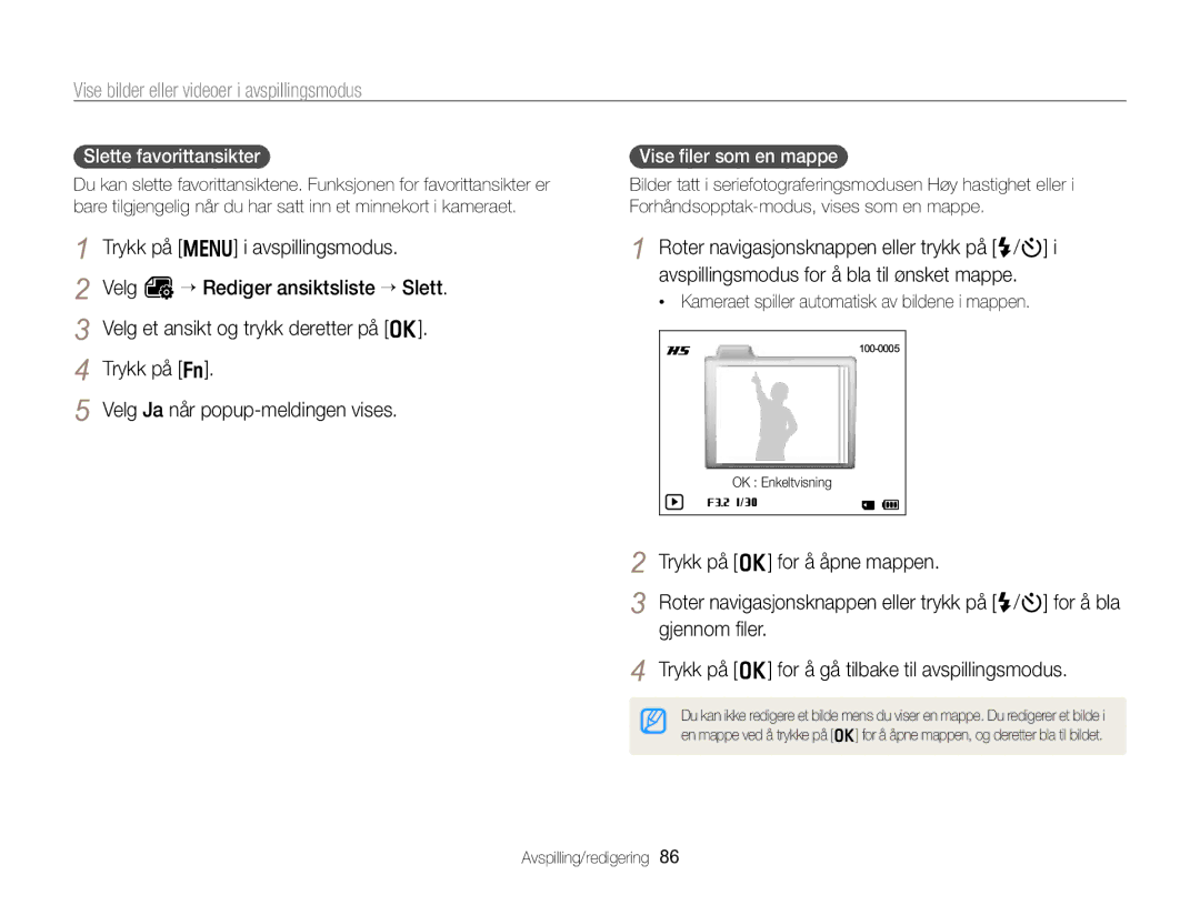 Samsung EC-WB750ZBPBE2 manual Slette favorittansikter, Vise ﬁler som en mappe 