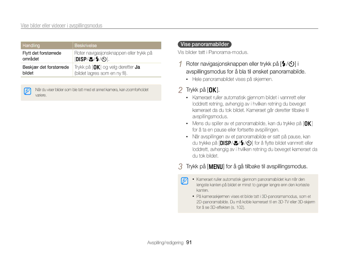 Samsung EC-WB750ZBPBE2 manual Trykk på o, Trykk på m for å gå tilbake til avspillingsmodus, Vise panoramabilder 