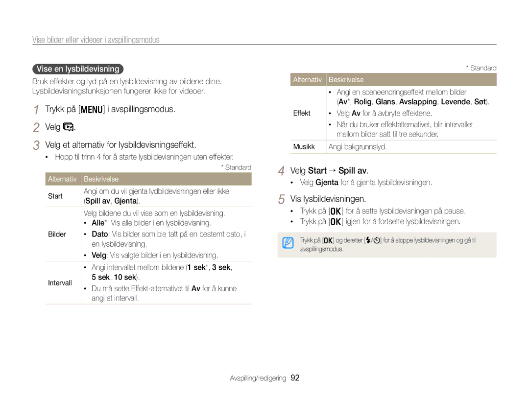 Samsung EC-WB750ZBPBE2 manual Trykk på m i avspillingsmodus, Velg et alternativ for lysbildevisningseffekt 