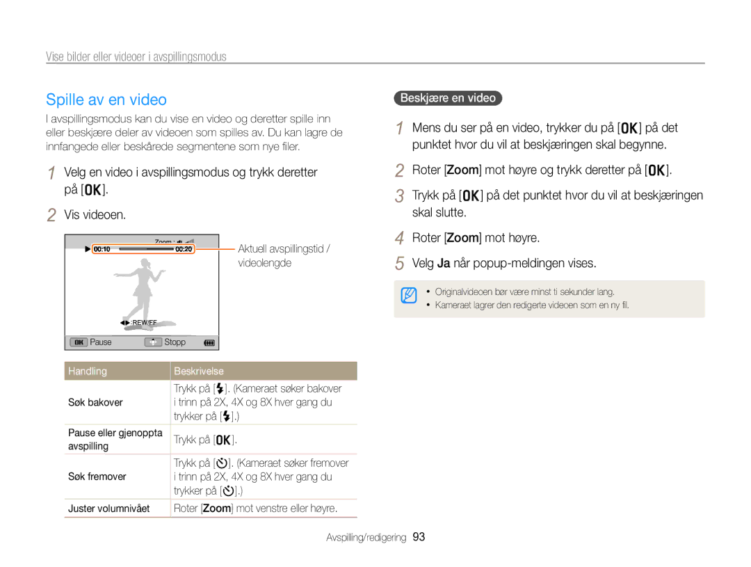 Samsung EC-WB750ZBPBE2 manual Spille av en video, Roter Zoom mot høyre, Beskjære en video 