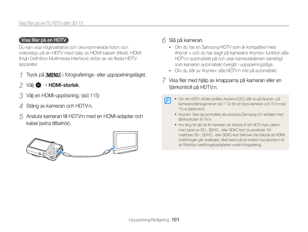 Samsung EC-WB750ZBPBE2 manual Visa ﬁler på en TV, Hdtv eller 3D-TV, Visa ﬁler på en Hdtv 