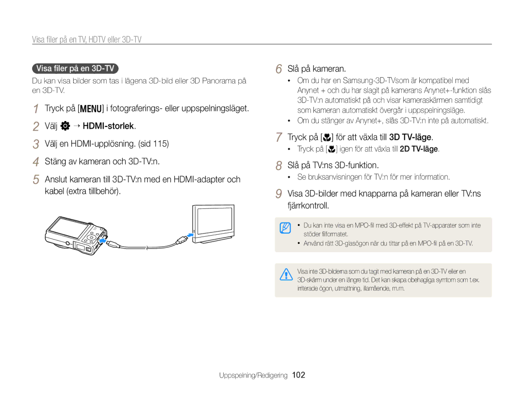 Samsung EC-WB750ZBPBE2 manual Tryck på c för att växla till 3D TV-läge, Slå på TVns 3D-funktion, Visa ﬁler på en 3D-TV 