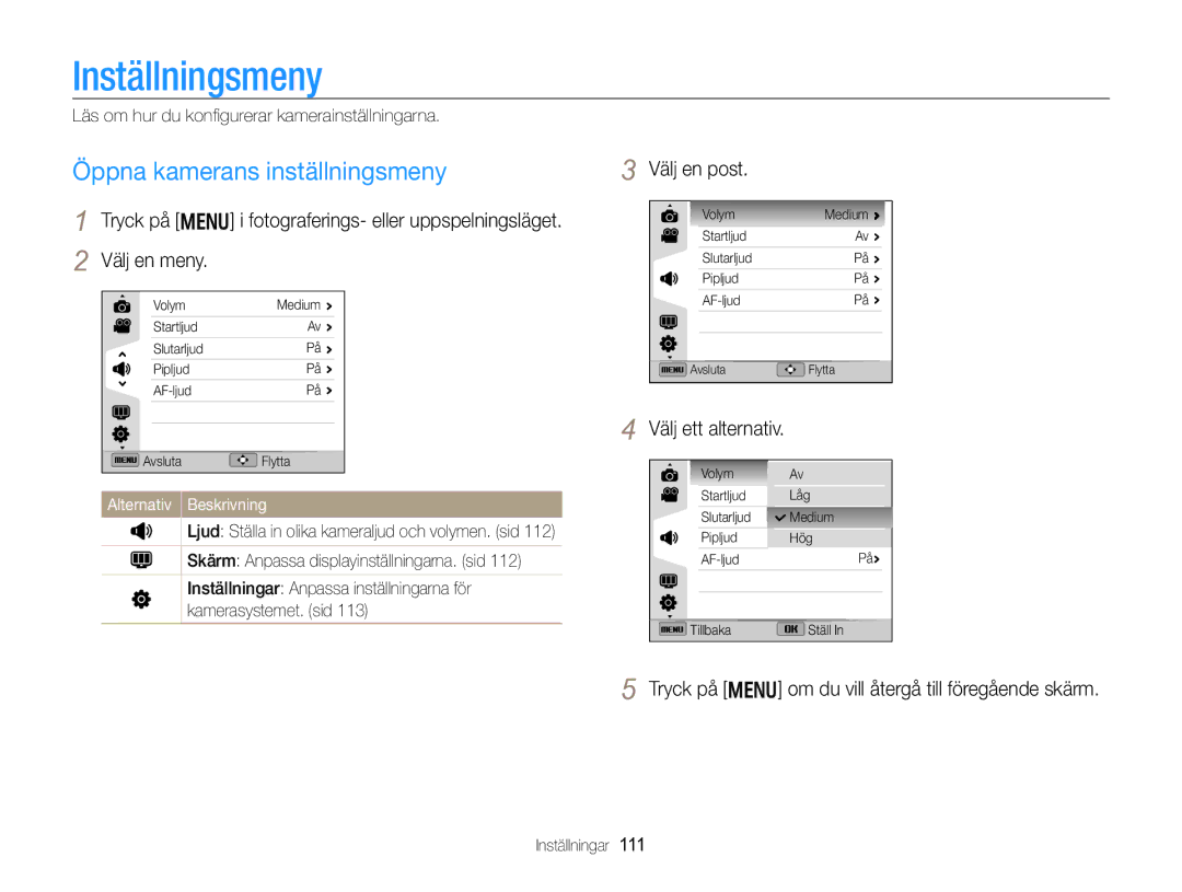 Samsung EC-WB750ZBPBE2 manual Inställningsmeny, Öppna kamerans inställningsmeny, Välj en post 