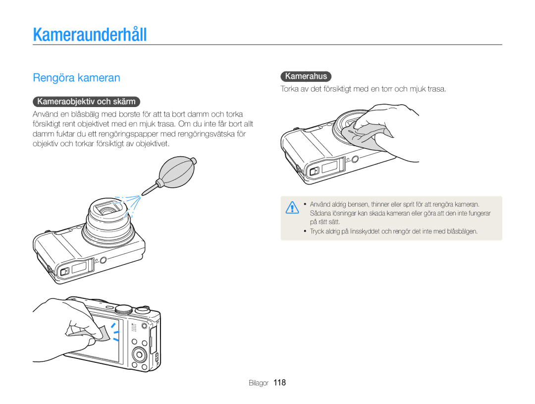 Samsung EC-WB750ZBPBE2 manual Kameraunderhåll, Rengöra kameran, Kameraobjektiv och skärm, Kamerahus 