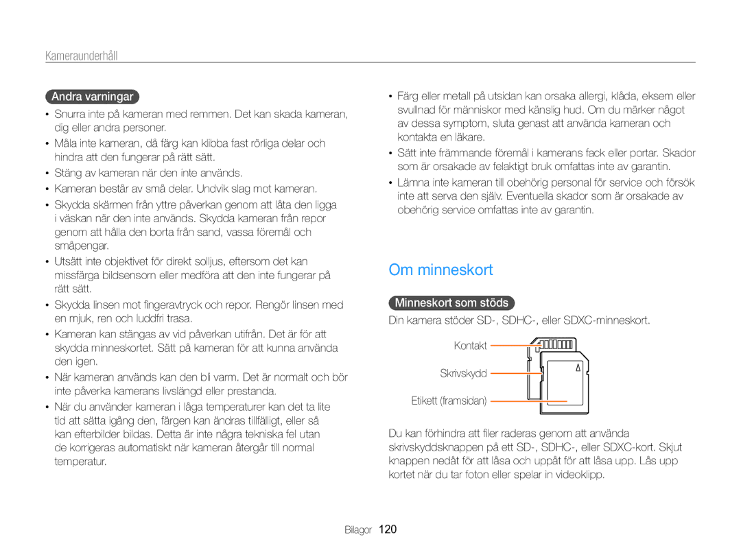 Samsung EC-WB750ZBPBE2 manual Om minneskort, Andra varningar, Minneskort som stöds 