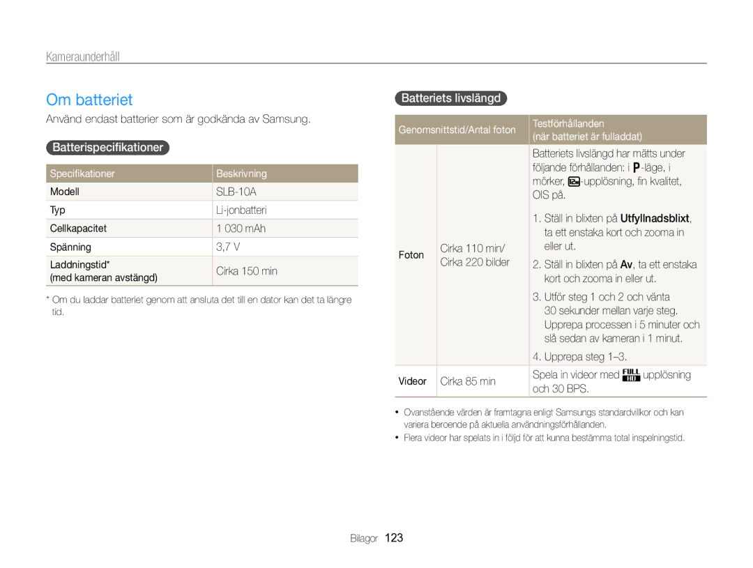 Samsung EC-WB750ZBPBE2 manual Om batteriet, Batterispeciﬁkationer, Batteriets livslängd, Speciﬁkationer Beskrivning 