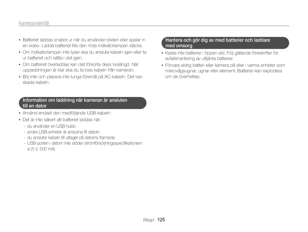 Samsung EC-WB750ZBPBE2 manual Hantera och gör dig av med batterier och laddare med omsorg 