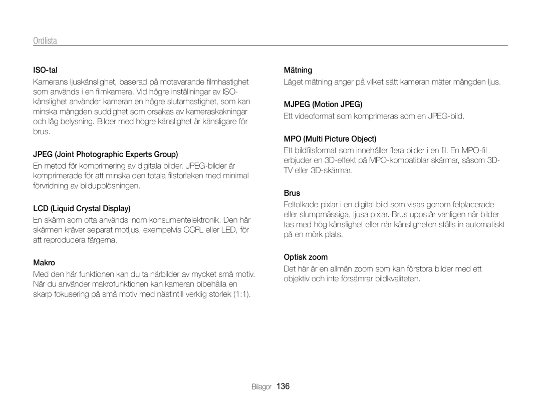 Samsung EC-WB750ZBPBE2 manual Ordlista 