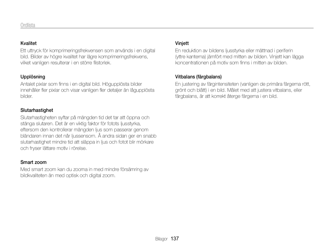 Samsung EC-WB750ZBPBE2 manual Kvalitet, Vitbalans färgbalans 